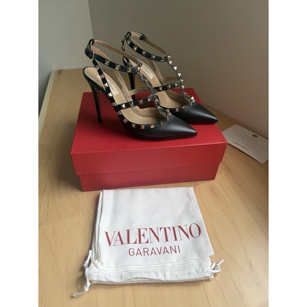 Valentino Garavani Black Leather Rockstud Strappy Pointed Toe Heels EU 39